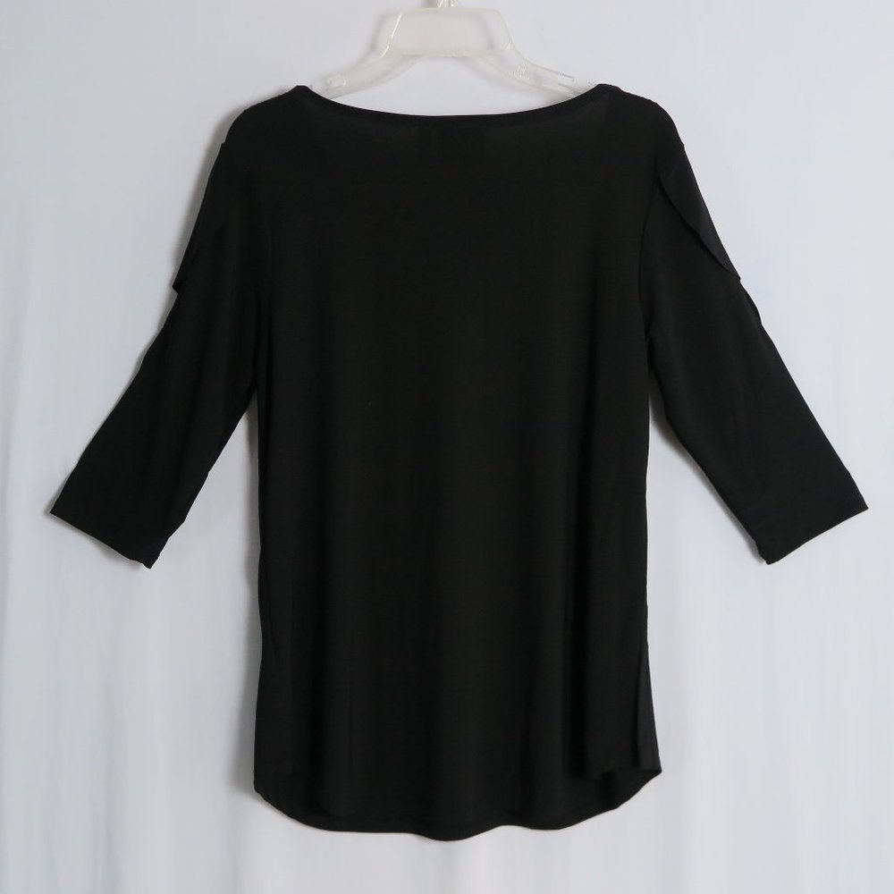 VECCELI ITALY Black Ruffled 3/4 Sleeve Slinky Top Size M - Picture 5 of 6